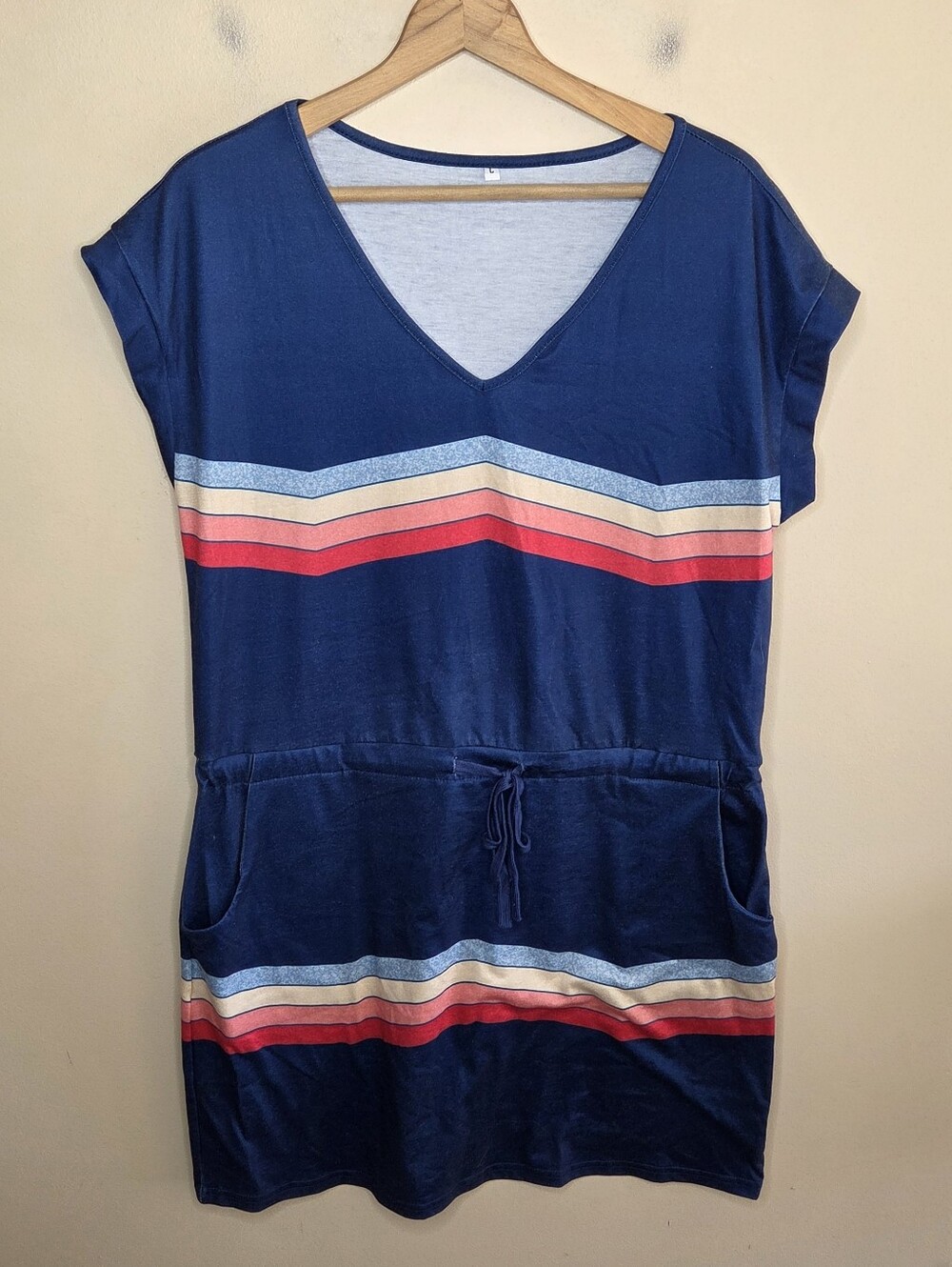 Retro Navy Blue Rainbow Stripes Drawstring Cinch Waist Summer Dress Size Large